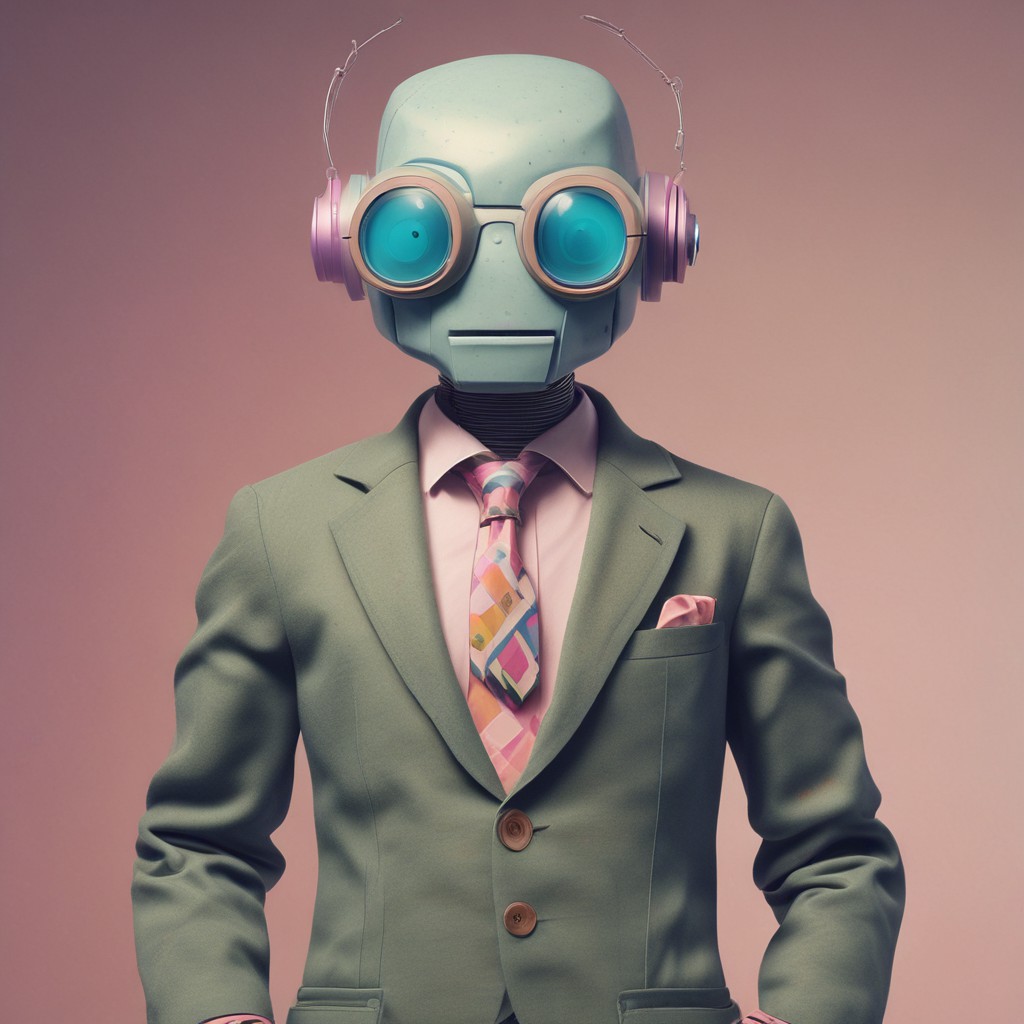 Robot wearing an olive suit with light pink shirt and tie